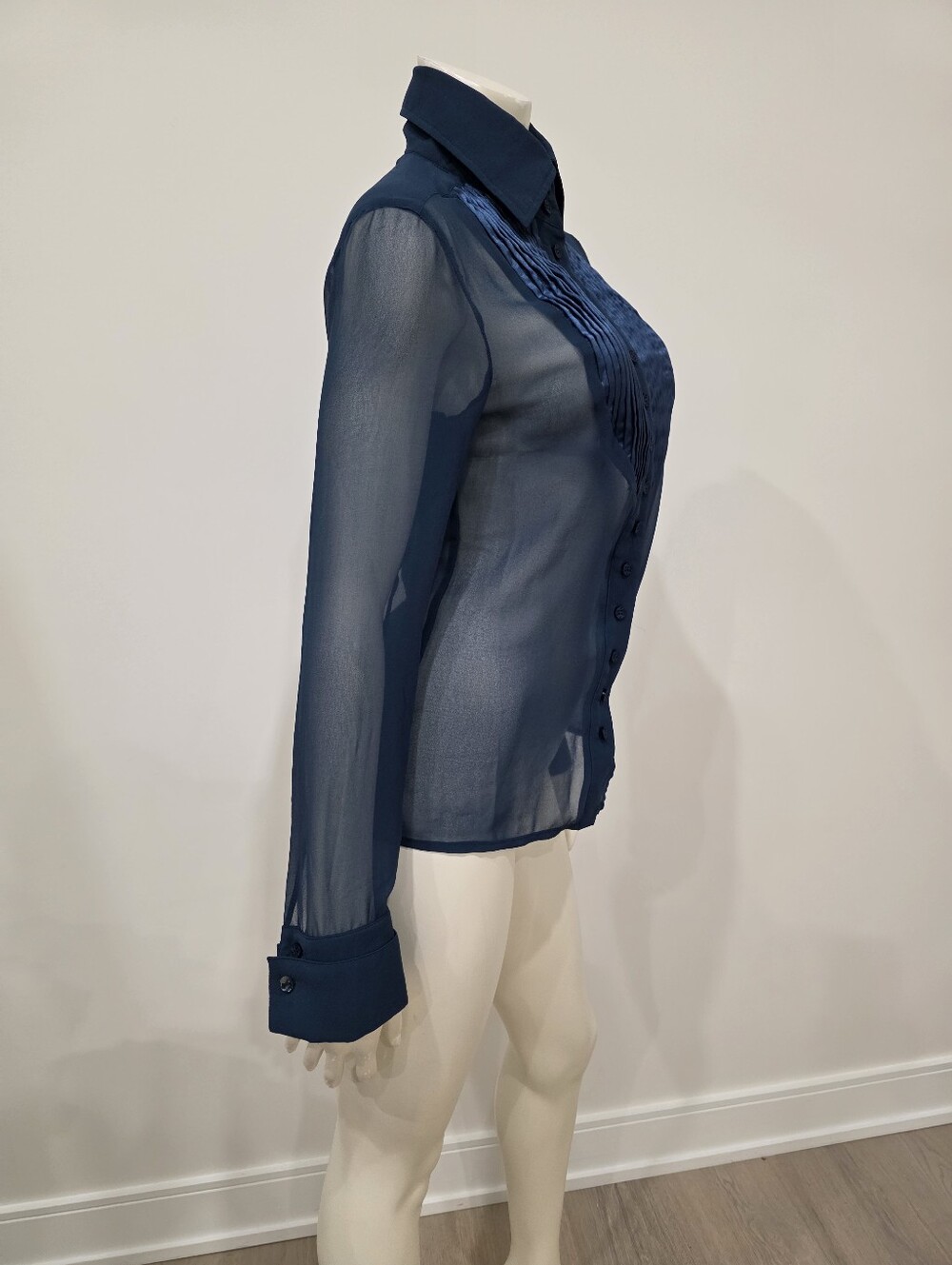 Rare Kor@Kor Sheer Dark Turquoise Satin Pleated Bib Button Down Blouse - Picture 11 of 14